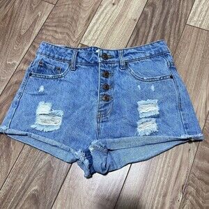 Forever 21 Distressed Jean Shorts Size 25 Button Fly Y2K Retro Denim Folded Hem